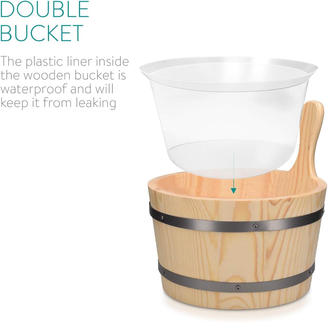 Navaris Wooden Sauna Bucket with Ladle - Essential Spa Accessory for Steam Room with 1.3 Gallon Pine Wood Bucket, Plastic Liner, Ladle, Sand Timer - Image 4