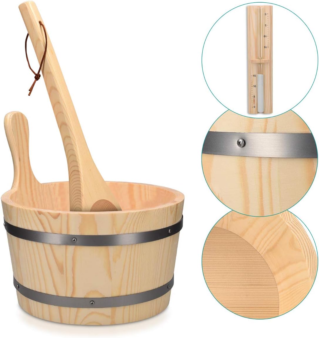Navaris Wooden Sauna Bucket with Ladle - Essential Spa Accessory for Steam Room with 1.3 Gallon Pine Wood Bucket, Plastic Liner, Ladle, Sand Timer - Image 5