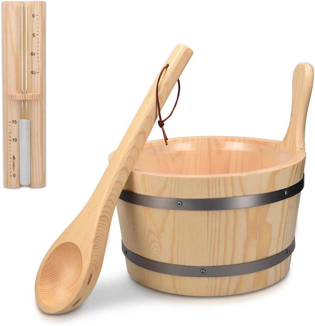 Navaris Wooden Sauna Bucket with Ladle - Essential Spa Accessory for Steam Room with 1.3 Gallon Pine Wood Bucket, Plastic Liner, Ladle, Sand Timer - Image 6