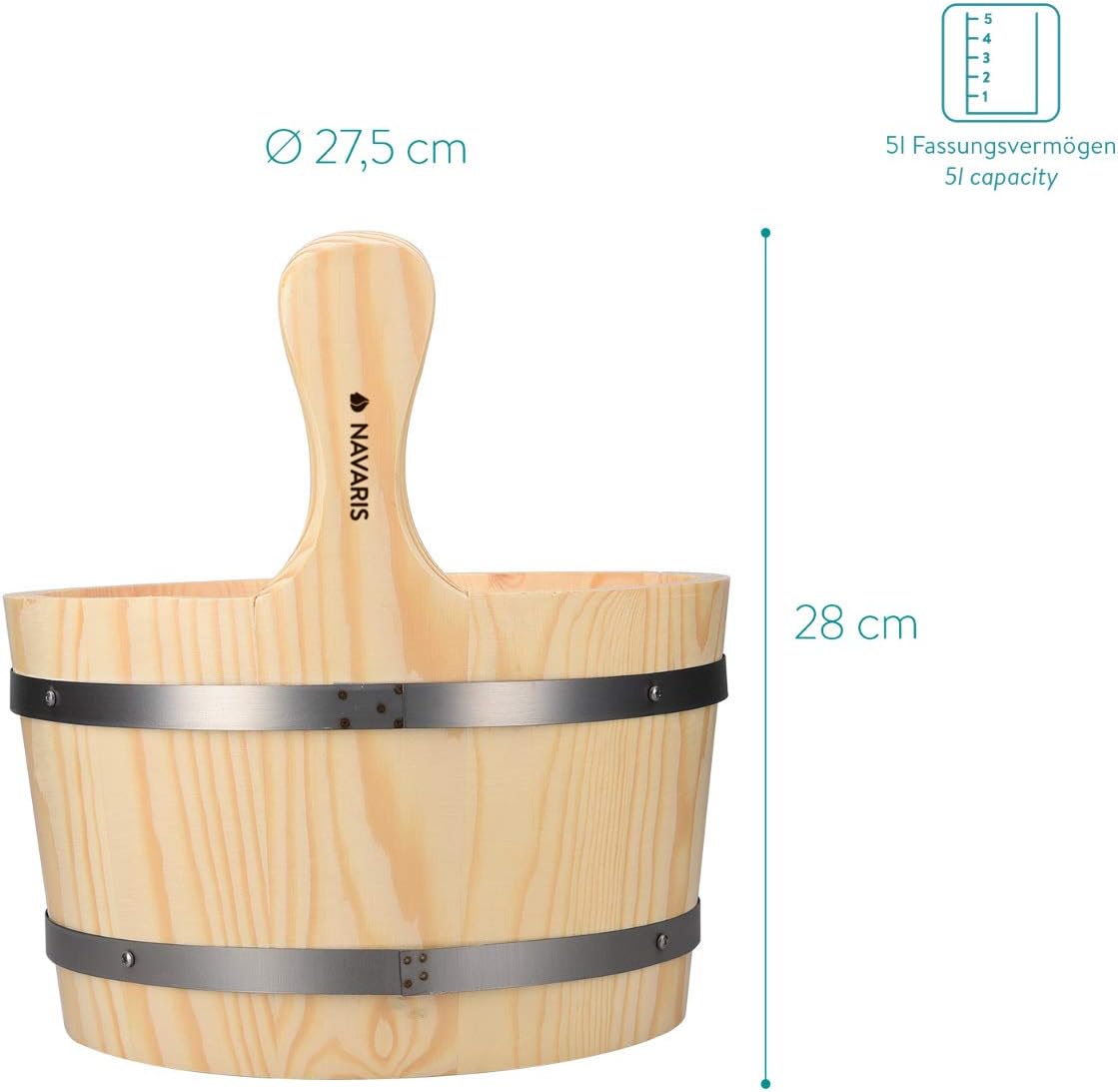 Navaris Wooden Sauna Bucket with Ladle - Essential Spa Accessory for Steam Room with 1.3 Gallon Pine Wood Bucket, Plastic Liner, Ladle, Sand Timer - Image 2