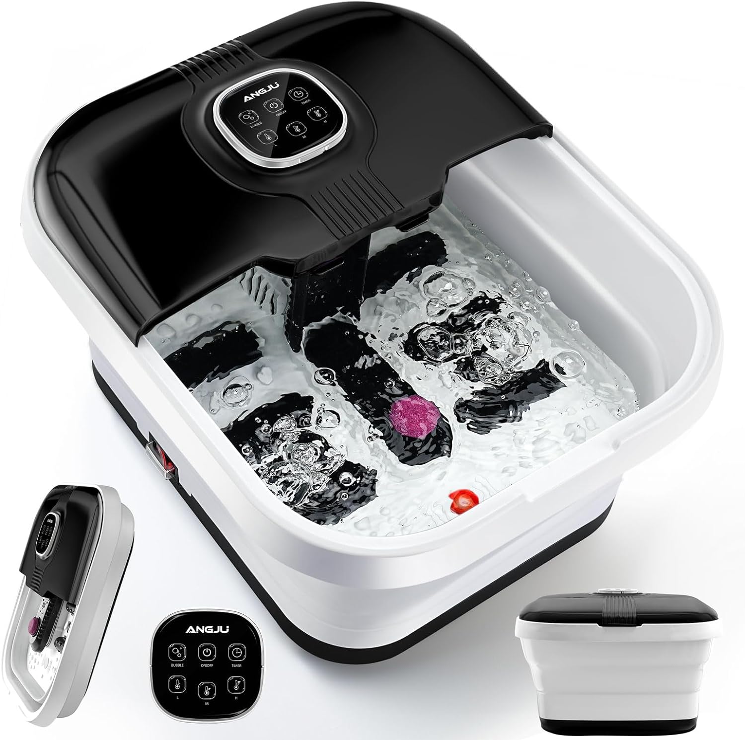 Angju Collapsible Foot Spa with Heat,Remote Temperature Control and Bubble,Foot Bath Tub with 6 Massage Rollers,Timer and Pumice Stone,Electric Pedicure Foot Spa Machine for Feet Stress Relief