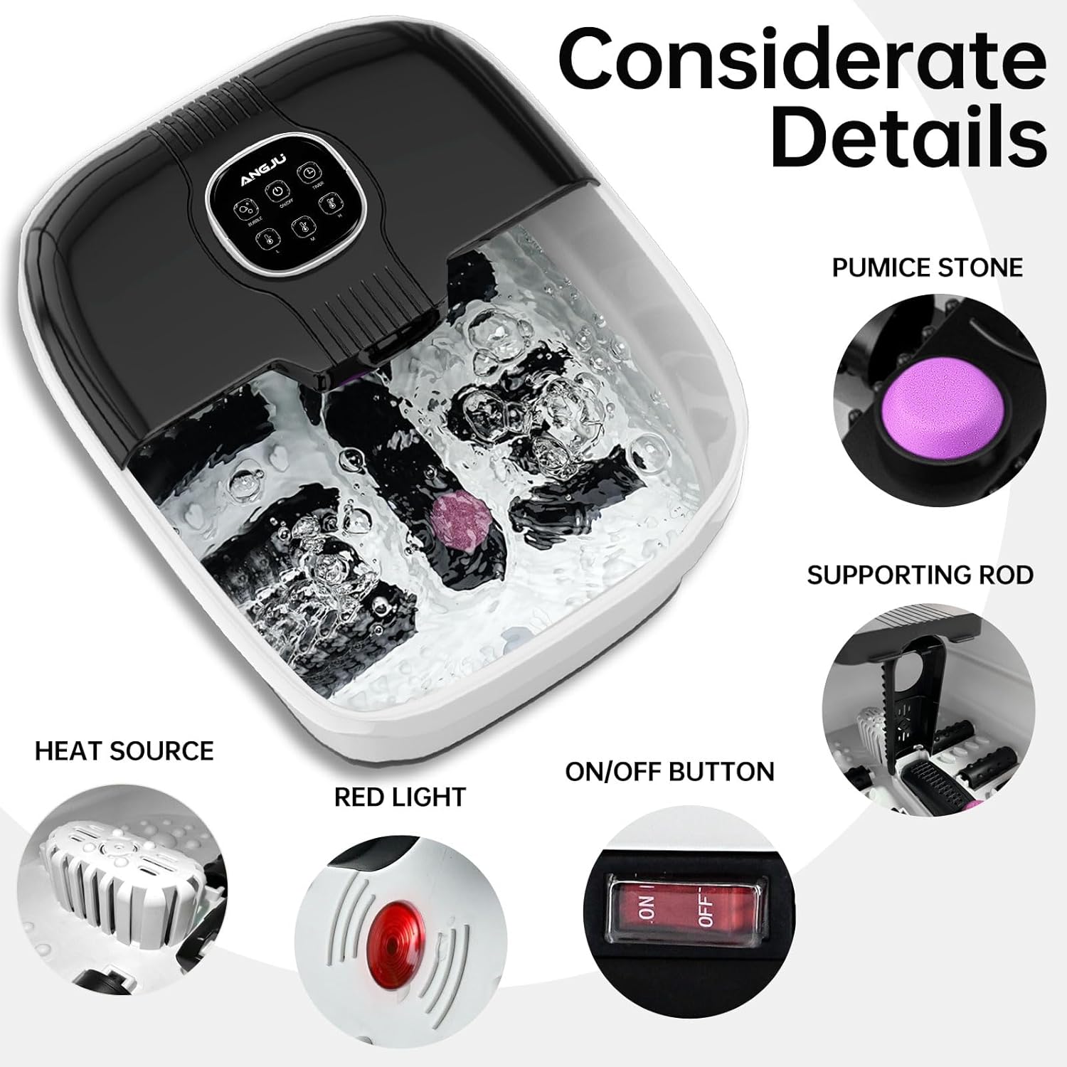 Angju Collapsible Foot Spa with Heat,Remote Temperature Control and Bubble,Foot Bath Tub with 6 Massage Rollers,Timer and Pumice Stone,Electric Pedicure Foot Spa Machine for Feet Stress Relief - Image 6